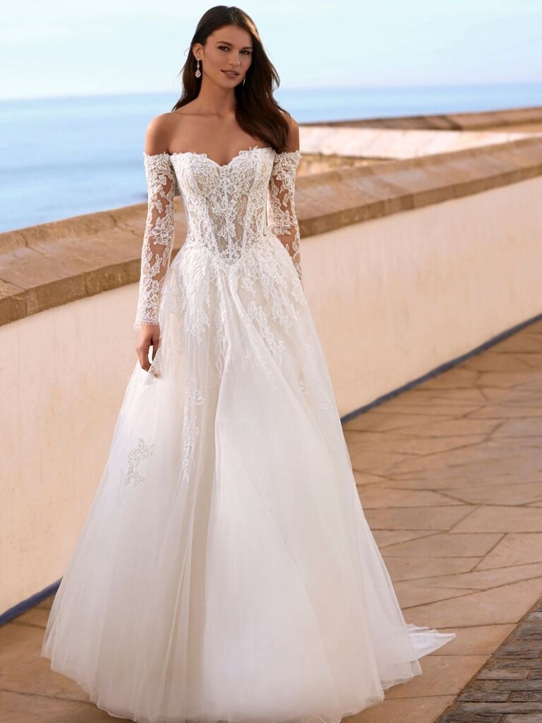 Brautkleid von Enzoani mit Chantillyspitze und abnehmbaren Ärmeln