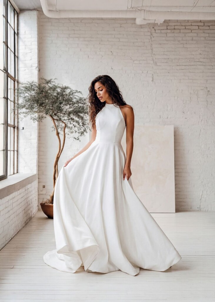 Cleanes Brautkleid von Herve Paris mit Neckholder-Ausschnitt