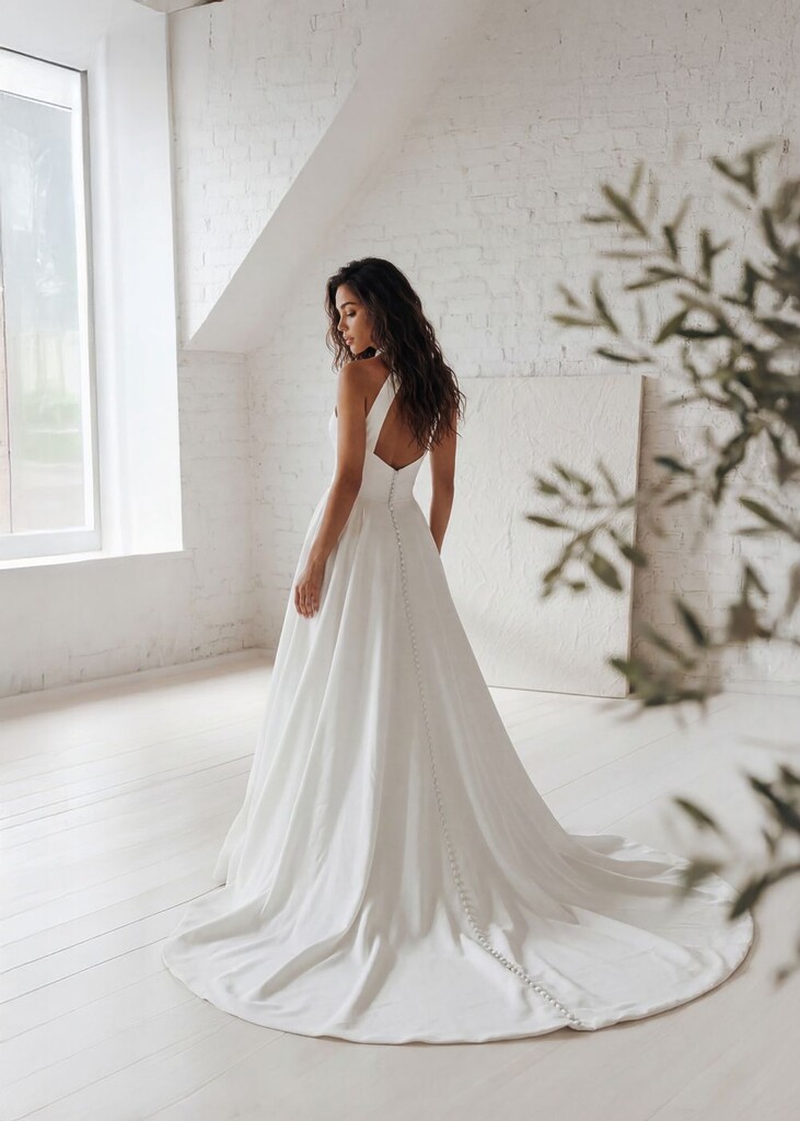 Cleanes Brautkleid von Herve Paris mit Neckholder-Ausschnitt