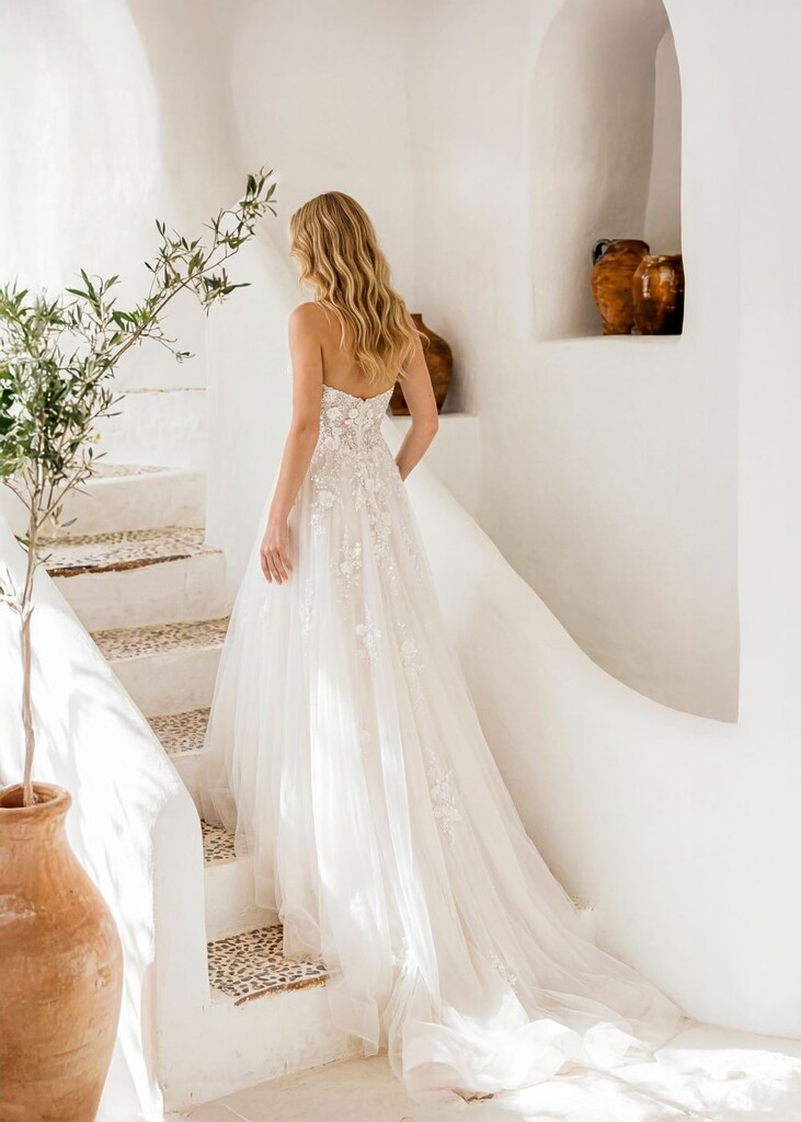 Trägerloses Brautkleid von Libelle mit tiefem Ausschnitt